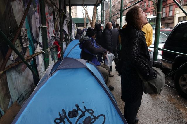 The scene of the rainy standoff at an encampment in the East Village on Wednesday.
